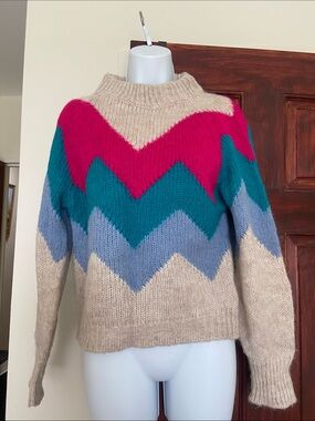 Beige Chevron Knit Sweater with Pink, Teal and Blue Accents